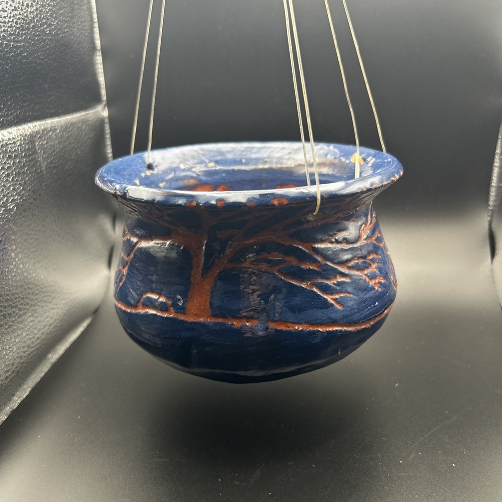 VTG Handmade Hanging Pottery Pot Planter 3 1/2" Tall 6" Dia Boho Hippie Artsy
